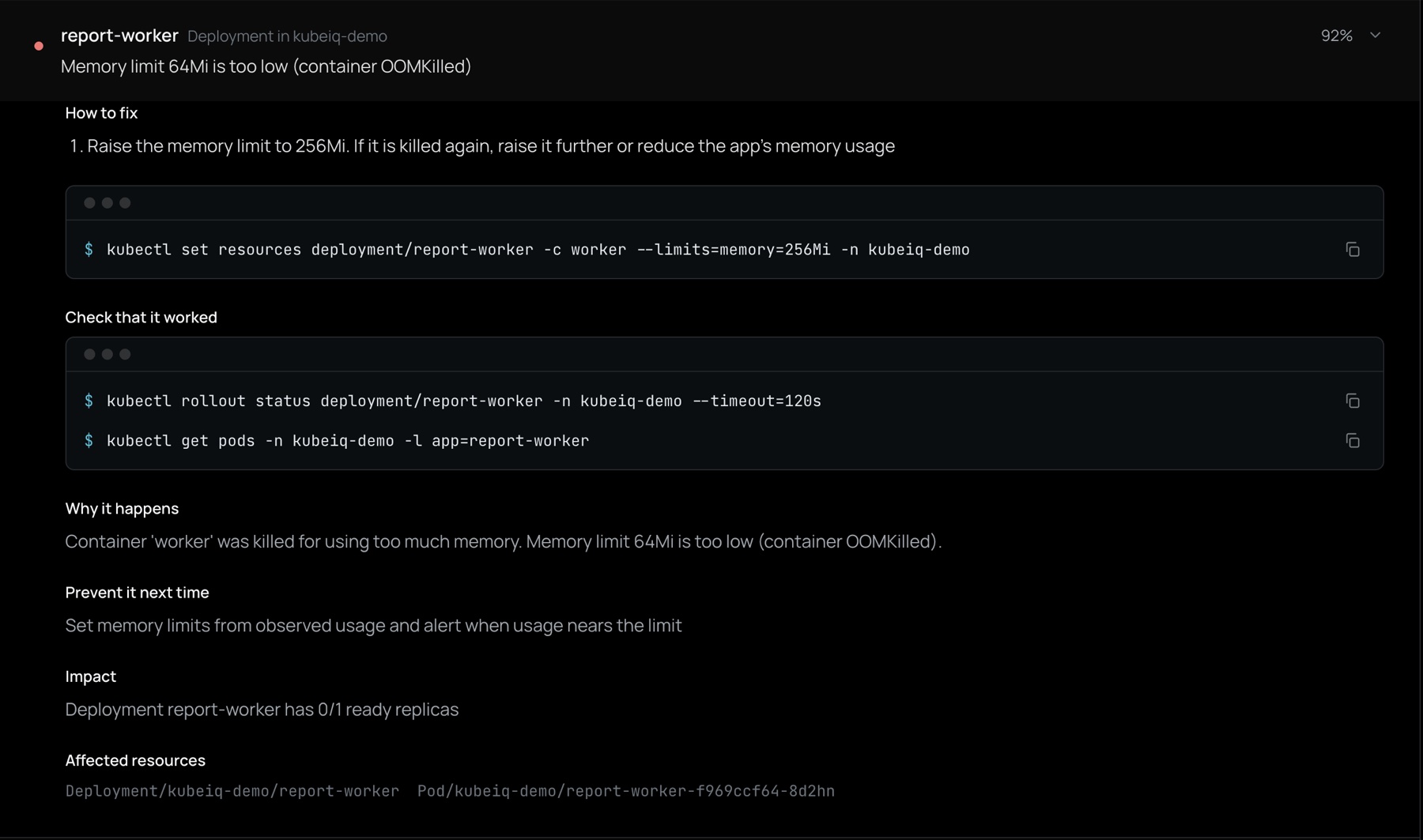 KubeiQ Cluster Doctor: report-worker was OOMKilled because its 64Mi memory limit is too low, 92% sure, with the kubectl fix and the commands that verify it