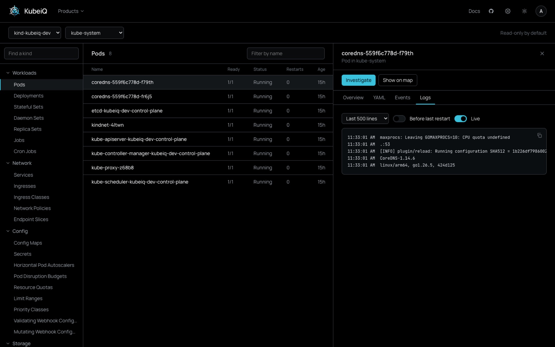 KubeiQ Cluster Manager: pods in kube-system with live logs for a CoreDNS pod